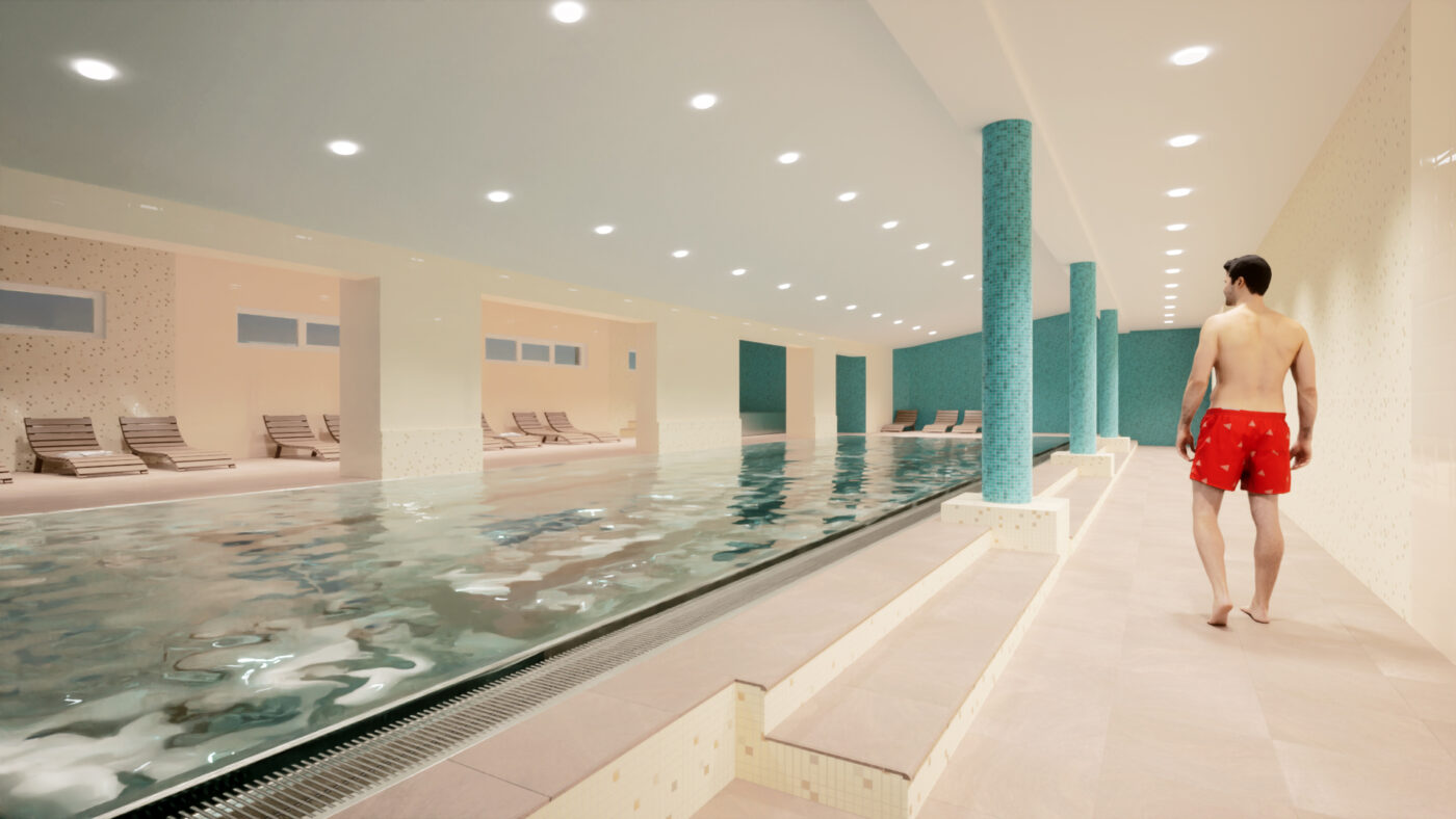 Informační model bazénové haly zobrazený ve virtuální realitě.